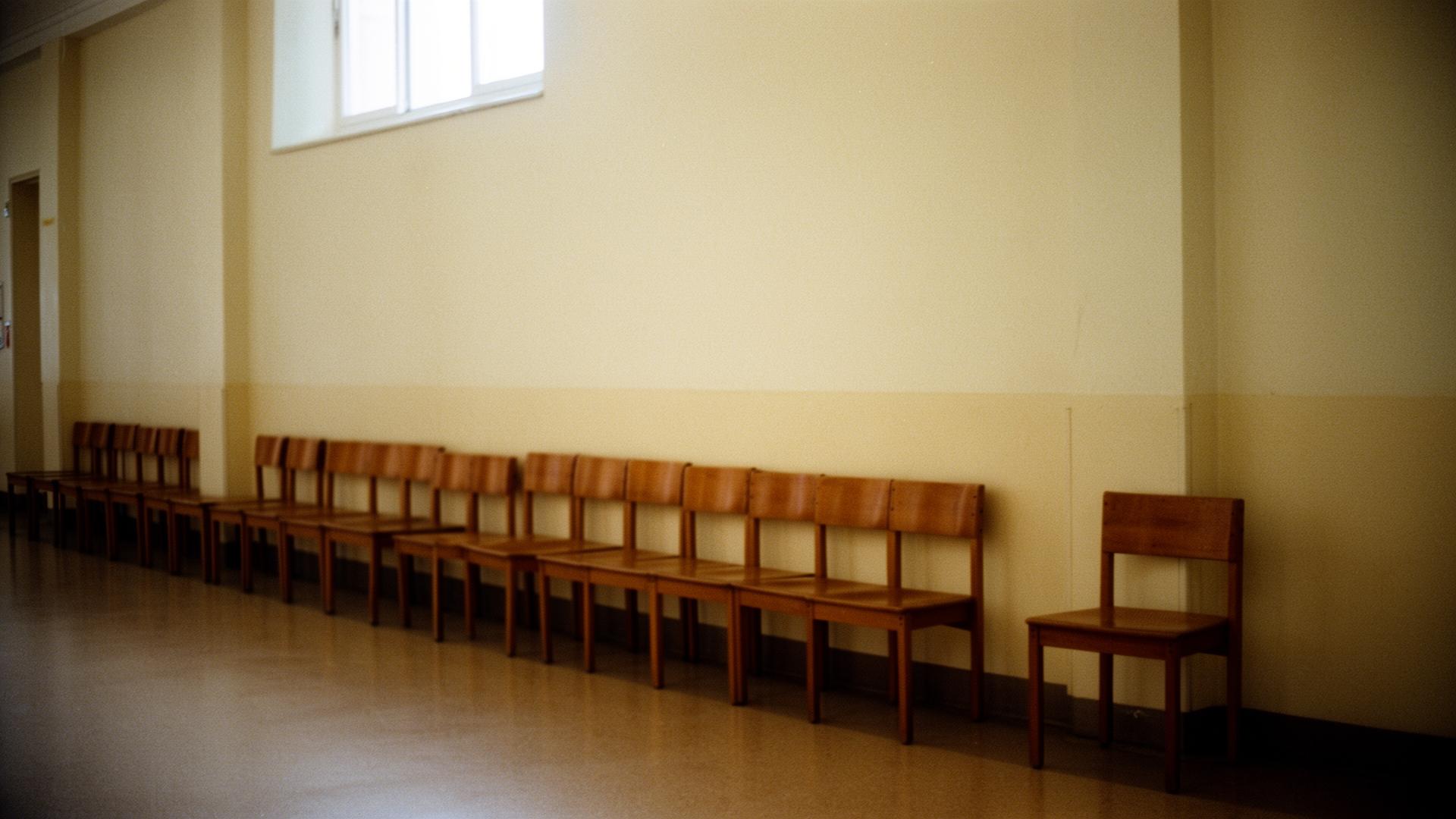 A long hallway lined with chairs.